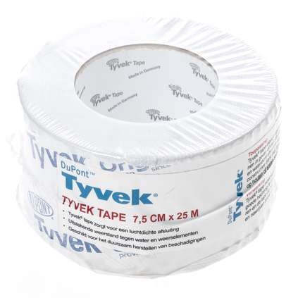 Tyvek Tape 7,5cm x 25m1: Tyvek tape met afmetingen 7,5cm x 25m.