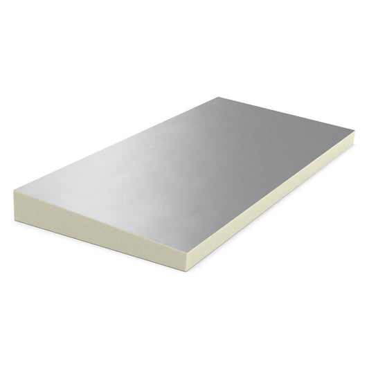 PIR afschot 2-zijdig aluminium 1200x1200x45/60mm Rd:2.35 (=1,44m²): Schuimplaat met afschot, twee zijden aluminium, afmetingen 1200x1200x45/60mm, Rd-waarde van 2.35, geschikt voor 1.44m².