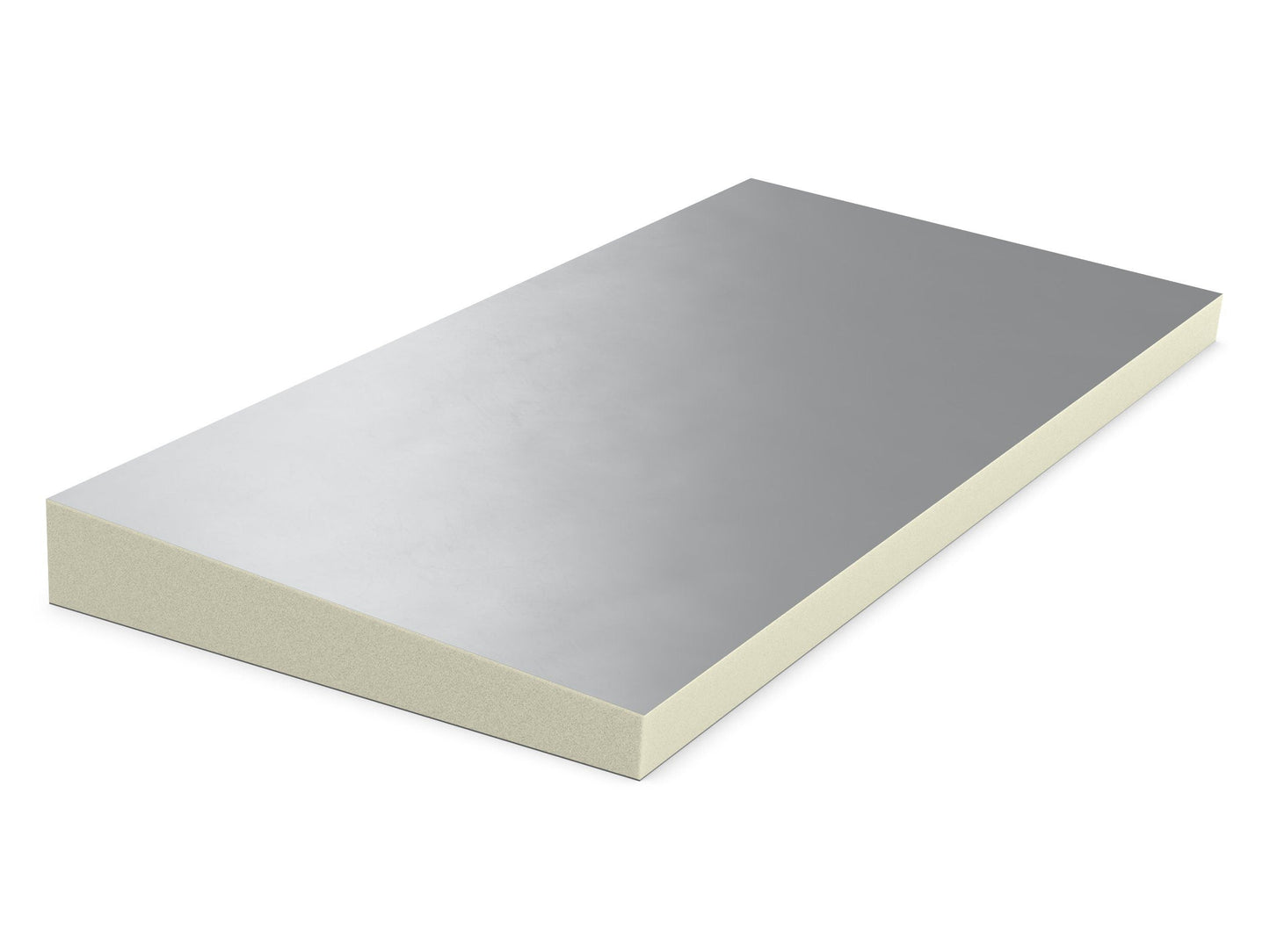 PIR afschot 2-zijdig aluminium 1200x1200x90/100mm Rd:4.28 (=1,44m²): Schuimplaat met afschot, twee zijden aluminium, afmetingen 1200x1200x90/100mm, Rd-waarde van 4.28, geschikt voor 1.44m².